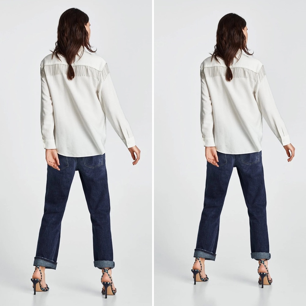 Zara Basic White Button Front Shirt Metal Fringe Chain Appliqué Detail Large